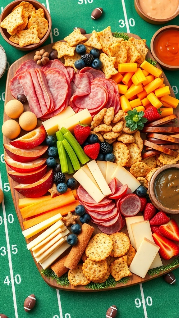 A colorful football charcuterie board with meats, cheeses, fruits, and snacks, perfect for game day.